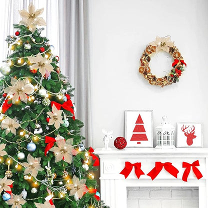 WILLBOND 24 Pcs 3 Size Poinsettia Flower Artificial Christmas Decor Glitter Poinsettia Christmas Ornaments Faux Flowers for Xmas Tree Outdoor(3.2/4/6 Inches,Gold)