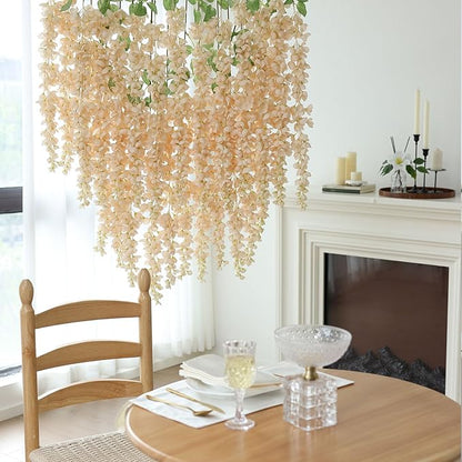 mizii 6Pcs Beige Wisteria Hanging Flowers 48" Silk Wisteria Artificial Flowers Garland Vines Fake Hanging Flowers Decoration for Wedding Flower Wall Backdrop Centerpieces Party Room Decor (Beige)