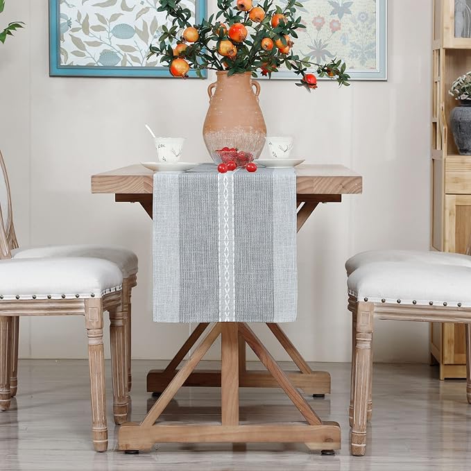 Farmhouse Braided Striped Table Runner Rustic Embroidery Coffee Table Runners for Decorations Weddings Holiday Grey 13x48inch