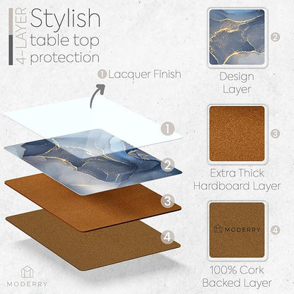 Set of 4 Heat Resistant Cork Placemats for Dining Table with Free Set of 4 Matching Drink Coasters Marble Design 16 x 12 Inches Cork Backed Hard Placemats (Blue & Gold)