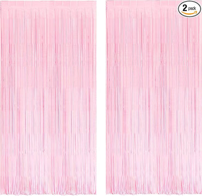 BRAVESHINE Pastel Pink Foil Fringe Curtains Tinsel Backdrop - 2 Pack Photo Booths Party Streamers for Christmas Snowflake Girls Princess Birthdays Baby/Bridal Shower Bachelorette Sweet Bow Decorations
