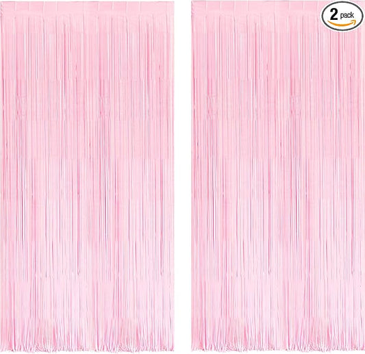 BRAVESHINE Pastel Pink Foil Fringe Curtains Tinsel Backdrop - 2 Pack Photo Booths Party Streamers for Christmas Snowflake Girls Princess Birthdays Baby/Bridal Shower Bachelorette Sweet Bow Decorations