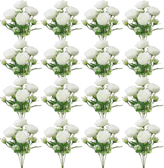 16 Pack White Peonies Artificial Flowers, Fake Silk Hydrangea Bouquet for Bridal Wedding Home Table Decor Reusable Dining Opening Ceremony Birthday Arrangement Faux Floral
