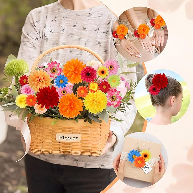 210Pcs Fall Decor Mini Silk Flower Heads Small Fake Mums Rose Faux Flowers Bulk for Crafts Orange Artificial Loose Fabric Flowers Heads Sunflower Bulk for Wedding Hair Cap Autumn Home Decorations