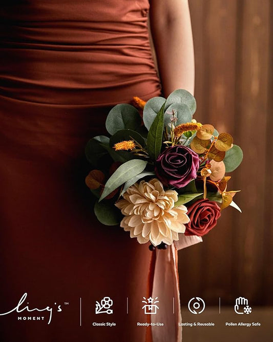 Ling's Moment Artificial Flowers Terracotta Bridesmaid Bouquet Set of 6, Fall Wedding Flowers Bouquets for Bridesmaids, 7 Inch Bridal Bouquets for Bridesmaids, Wedding Decor, Anniversary, etc