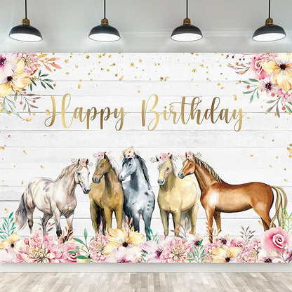 Riyidecor Horse Happy Birthday Backdrop for Girls Women 7Wx5H Feet Polyester Fabric Rustic Western Cowgirl Watercolor Florals Photography Background Wooden Table Decor Banner Studio Photo Shoot