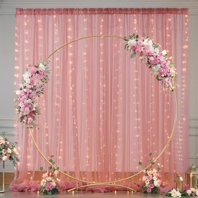 10x10ft Dusty Rose Tulle Backdrop Curtain with Lights String for Parites, Sheer Backdrop Curtains for Wedding Baby Shower Birthday Party Photo Shoot Decorations