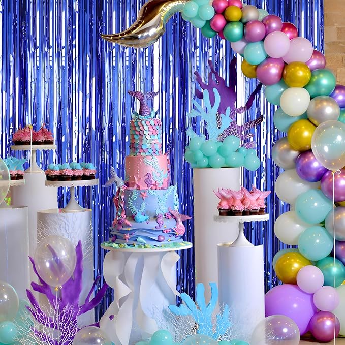 Keyali 2 Pack 3.3 * 8.3 ft Foil Curtain Metallic Tinsel Fringe Curtains Photo Booth Props Backdrop for Birthday Wedding Engagement Baby Shower Christmas Holiday Celebration Partyl,Blue