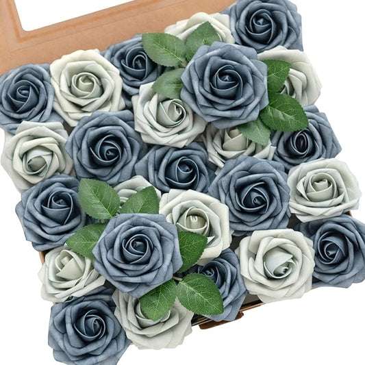 Ling's moment Artificial Flowers 25Pcs Dusty Blue & Navy Roses Decor w/Stems,3" Real Touch DIY Foam Floral for Wedding Bouquet/Centerpieces, Outdoors Party Backdrop, Room/Table, and Garden/Pot Decor
