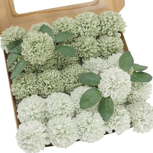 Artificial Flowers, 25pcs Realistic Artificial Rose for DIY Wedding Bouquets Centerpieces Arrangements, Sage Green Dahlia Flowers with Stem for Bridal Shower Party Home Decorations