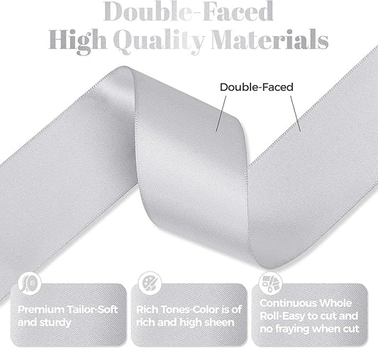 Premium Double Faced Satin Ribbon, 1-1/2 Inch X 25 Yards, Silver, Perfect for Gift Wrapping, Crafts, Wedding Decor