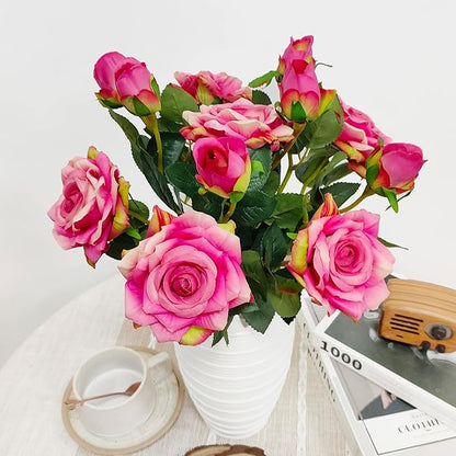 ATFL Pink and Purple Fake Roses Flowers, 6 Pcs Faux Silk Real Touch Moisturizing Artificial Rose Flowers for Decoration DIY Wedding Party Home Office Decoration and Dining Table Centerpiece