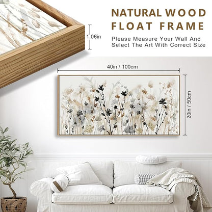 Framed Floral Wall Art Abstract Grey Cream White Grass Flowers Canvas Pictures Modern Landscape Painting Botanical Artwork for Living Room Bedroom Kitchen Office Wall Decor Ready to Hang 20" x 40"