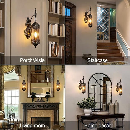 Antique Rustic Wall Sconce with Amber Glass Mini Vintage Gothic Wall Light Fixture Retro Farmhouse Mid Centry Lantern Wall Sconce for Bedroom, Hallway, Mirror, Bursh Gold, E12