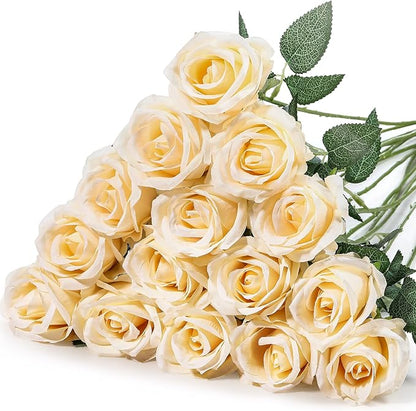 Hotop 20 Pcs Artificial Rose Flowers with Long Stem,Real Touch Silk Realistic Plastic Bouquet Roses Bulk for Home Decor Bridal Wedding Party Table Centerpieces Decorations(Champagne)