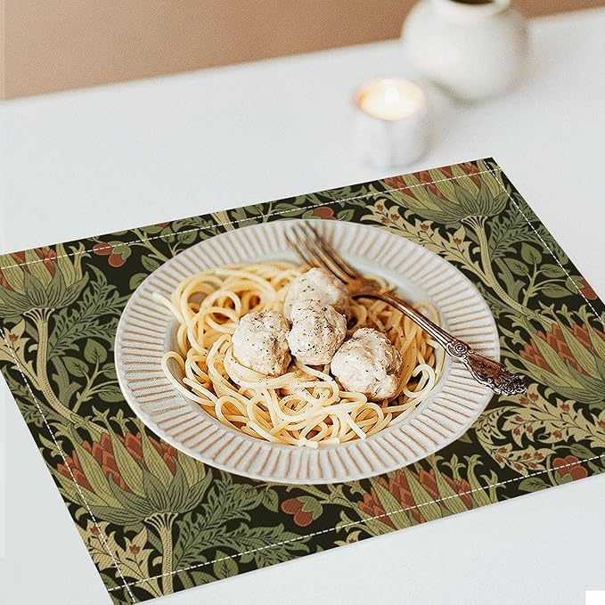 Vintage Boho Florals Placemats Set of 6, William Morris Retro Botanical Plant Foliage Place Mats, Heat Resistant Non Slip Cotton Linen Dining Table Mats for Home Kitchen Party 18x12 Inch