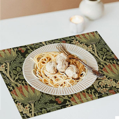 Vintage Boho Florals Placemats Set of 6, William Morris Retro Botanical Plant Foliage Place Mats, Heat Resistant Non Slip Cotton Linen Dining Table Mats for Home Kitchen Party 18x12 Inch