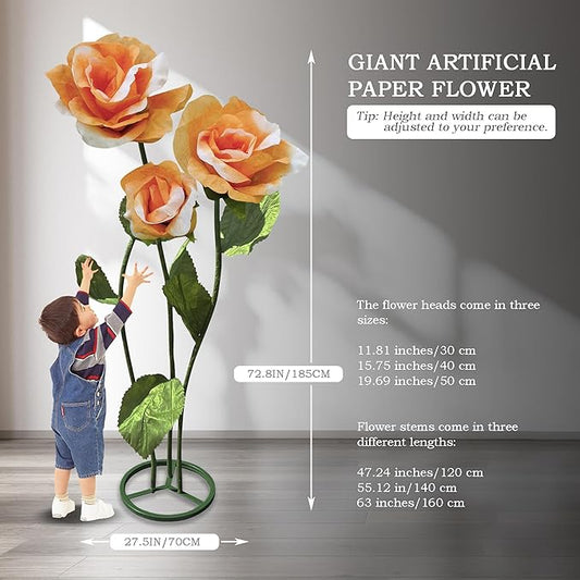 3pc Big Artificial Paper Flowers Wedding Decorations, Giant Rose Flower with Stems for Wedding, Arrangements Party Home Display Baby Shower Photographic Props Mall Display (Orange)