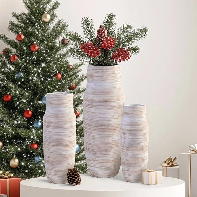 ALMA 11 inch Tall Cream and Beige Vase for Modern Living Room Decor, Wide Mouth Large Vase for Flower Bouquets, Ceramic Table Vases for Boho Room Decor, Modern Farmhouse, French Country Style