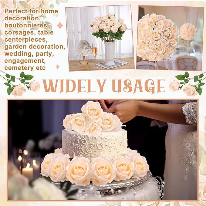 36 Pcs Champagne Artificial Roses with Long Stems, Fake Silk Rose Artificial Flowers Bulk for Bridal Wedding Bouquet Centerpiece Ball Arrangement Party Decor