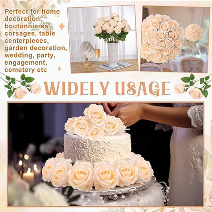 36 Pcs Champagne Artificial Roses with Long Stems, Fake Silk Rose Artificial Flowers Bulk for Bridal Wedding Bouquet Centerpiece Ball Arrangement Party Decor
