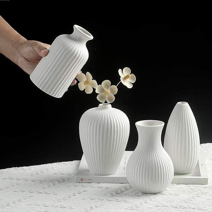 6'' White Ceramic Ribbed Bud Vases in Bulk, Set of 6 Small Pampas Grass Flower Vase for Modern Farmhouse, Boho Home Decor, Living Room, Vintage Wedding Centerpiece, Table, Shelf Decoration