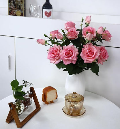 Pink Roses Artificial Flowers Indoor,Realistic Fake Flowers 5 Bouquets (15 Heads) for Living Room Decor,Real Touch Fake Plants for Bathroom Kitchen Office Wedding Centerpiece Table Bridal Shower Decor