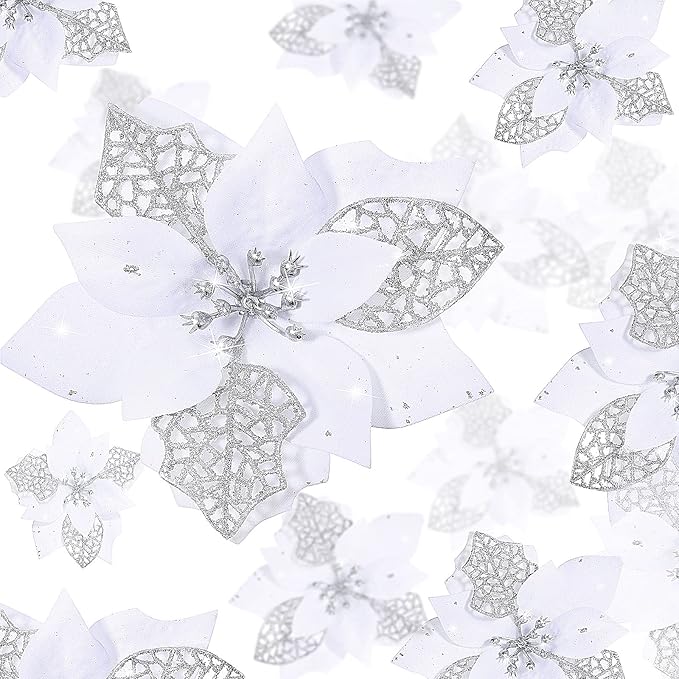 WILLBOND 36 Pieces White Christmas Poinsettia Glitter Faux Flowers Artificial Flowers Tree Ornaments Topper Xmas Decorations