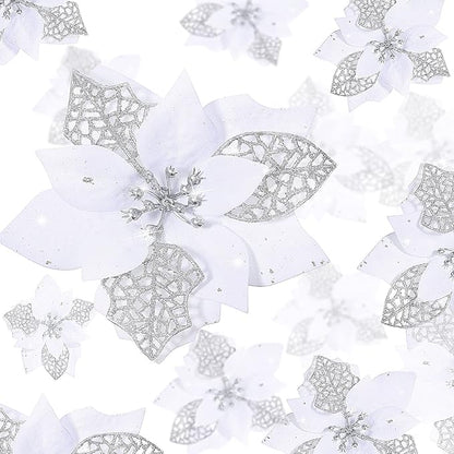 WILLBOND 36 Pieces White Christmas Poinsettia Glitter Faux Flowers Artificial Flowers Tree Ornaments Topper Xmas Decorations