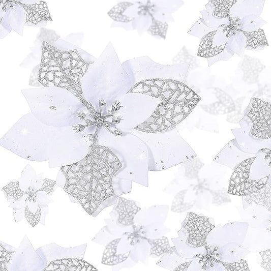 WILLBOND 36 Pieces White Christmas Poinsettia Glitter Faux Flowers Artificial Flowers Tree Ornaments Topper Xmas Decorations
