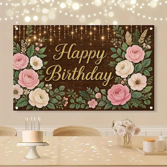 Rustic Wood Floral Birthday Backdrop Banner Pink Flower Wooden Happy Birthday Photography Background Women Girls Wedding Baby Shower Decor Party Decorations Photo Studio Props 6x4ft