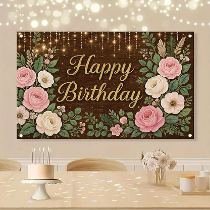 Rustic Wood Floral Birthday Backdrop Banner Pink Flower Wooden Happy Birthday Photography Background Women Girls Wedding Baby Shower Decor Party Decorations Photo Studio Props 6x4ft
