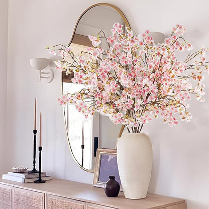 12 Pcs Artificial Cherry Blossom Flowers 40" Faux Silk Cherry Blossom Stems Fake Real Touch Peach Branches for Wedding Home Garden Japanese Decor White Pink