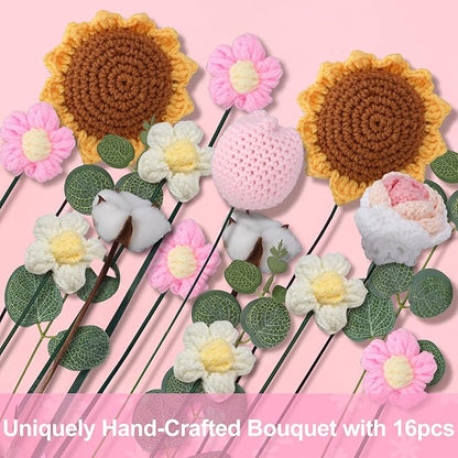Foyucool Crochet Flowers Bouquet, Handmade Knitted Sunflower Bouquet with Gift Bag for Home Deocor, Crocheted Finished Flower for Wedding, Mother's Day, Teachers' Day and Valentine's Day, Orange