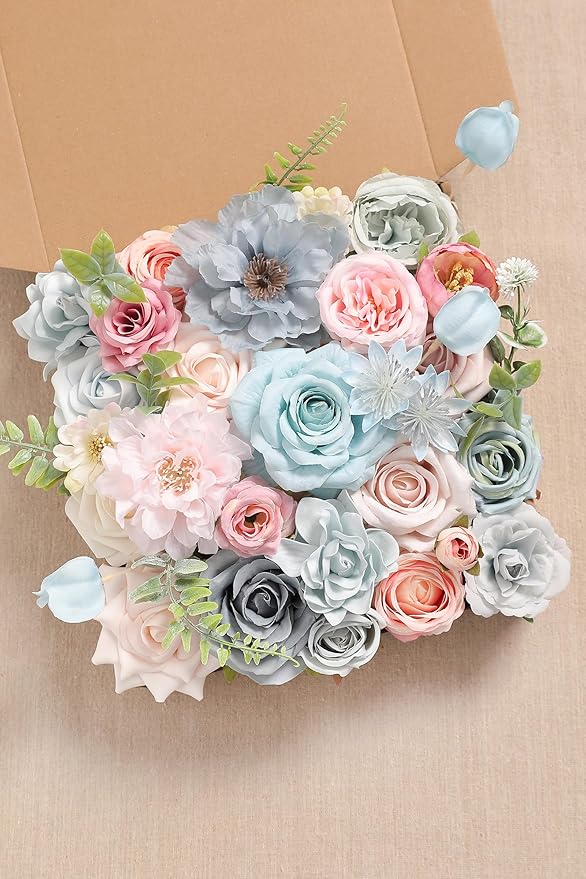 Artificial Flowers Roses Fake Flowers with Stems Blue Pink Artificial Flowers for DIY Bridal Bouquets Faux Flowers Centerpieces for Table Home Decor