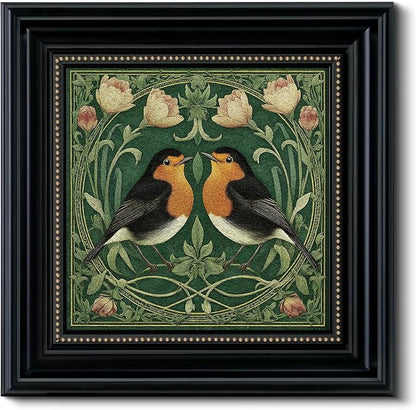 Vintage 3D Textured Bird and Flower Framed Wall Art 16x16, Square Robin Floral Botanical Print Sandstone Surface Artwork, Rustic Nature Living Room Bedroom Farmhouse Entryway Home Decor