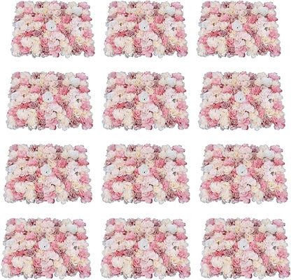 12pcs 24" x 16" Artificial Flower Wall Panel Background,3D Pink Silk Dahlia Hydrangea Rose Flowers Wall Backdrop for Wedding Party Event Photo Backdrop Wall Decor (Type 4)