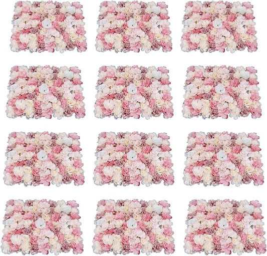 12pcs 24" x 16" Artificial Flower Wall Panel Background,3D Pink Silk Dahlia Hydrangea Rose Flowers Wall Backdrop for Wedding Party Event Photo Backdrop Wall Decor (Type 4)