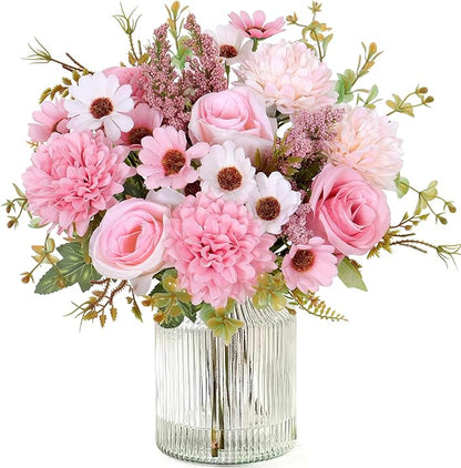 Dremisland Artificial Flowers Like Real Artificial Bouquet 2 Packs Silk Artificial Roses Bouquet with Daisy Chrysanthemum Pink Flowers for Centerpiece Table Wedding Party Home Decor