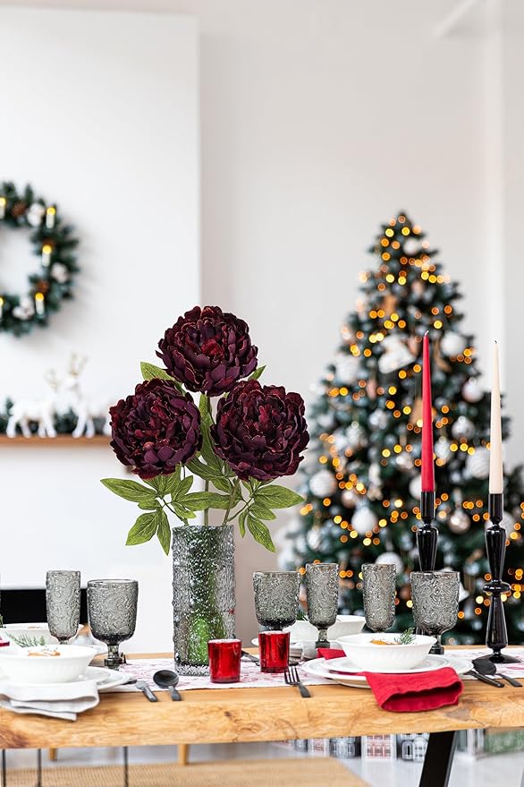 Briful 3PCS Burgundy Peony Artificial Flower Stems 29.1in Long Stem Fake Peonies Silk Floral Arrangement Real Touch Peony Flower for Home Vase Party Wedding Bouquet Decor