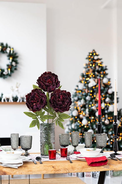 Briful 3PCS Burgundy Peony Artificial Flower Stems 29.1in Long Stem Fake Peonies Silk Floral Arrangement Real Touch Peony Flower for Home Vase Party Wedding Bouquet Decor