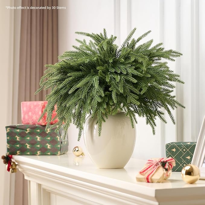 12Pcs 18'' Norfolk Pine Stems Realistic, Lifelike Christmas Greenery Pine Branches for DIY Wreaths, Vase Fillers, Indoor Outdoor Decor, Real Touch Christmas Decorations for Table, Mantle
