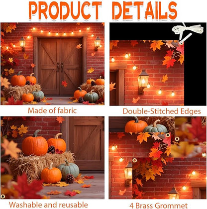 Large 7x5FT Fall Autumn Backdrop – Fall Photography Background with Pumpkin, Maple Leaves & Barn Wood (Includes 19.68FT Ribbon) – Thanksgiving, Friendsgiving, Harvest Party Decor, Photo Booth Props
