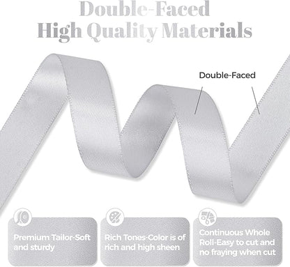 Silver Satin Ribbon, Double Faced 5/8 Inch X 50 Yards Silver Ribbon, Premium Satin Ribbon for Gift Wrapping, Crafts, Hair Bow Making, Sewing, Flower Bouquet, Wedding Party Decor