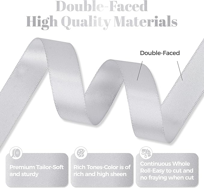 Silver Satin Ribbon, Double Faced 5/8 Inch X 25 Yards Silver Ribbon, Premium Satin Ribbon for Gift Wrapping, Crafts, Hair Bow Making, Sewing, Flower Bouquet, Wedding Party Decor