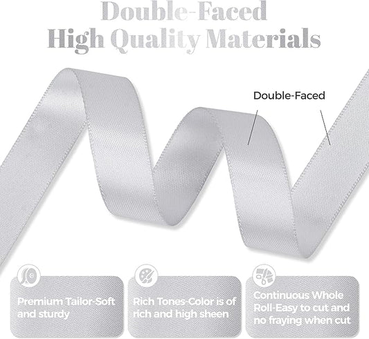 Silver Satin Ribbon, Double Faced 5/8 Inch X 25 Yards Silver Ribbon, Premium Satin Ribbon for Gift Wrapping, Crafts, Hair Bow Making, Sewing, Flower Bouquet, Wedding Party Decor