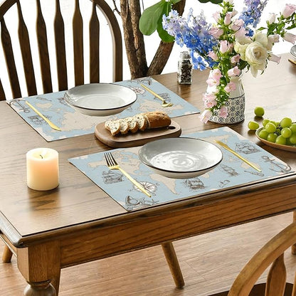 Vintage World Map Placemats Set of 4, Placemats for Dining Table,Heat Resistant Stain Resistant Wipeable Table Mats for Kitchen Dining Holiday Party Home Decor,12x18 Inch