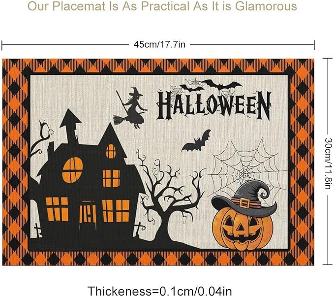 Halloween Placemats Cartoon Retro Funny Horror Castle Spider Web Magic Witch Pumpkin Bat Pumpkin Placemats Table Kitchen Dining Party 12x18 Inch Set of 4