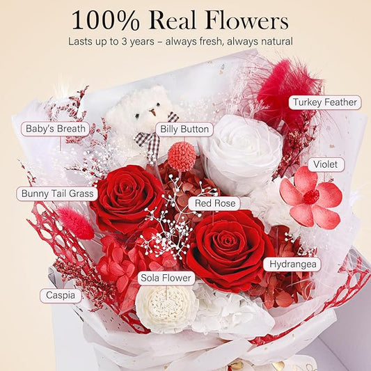 Preserved Flowers Bouquet with Bear, 3 Real Forever Flowers for Delivery, Long-Lasting Red Eteranl Roses Bouquet Birthday Gifts for Women Teenage Girls Girlfriend Mother Wife Her