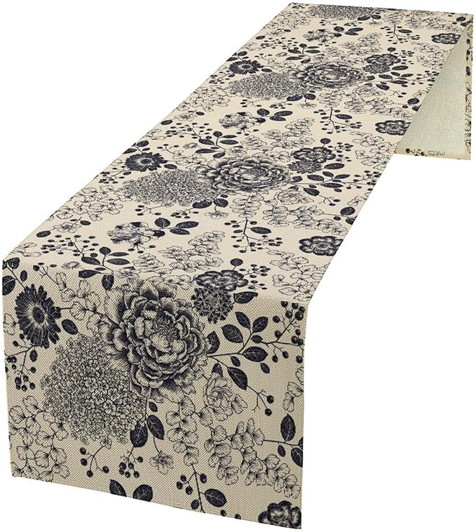 Boho Floral Table Runner, Vintage Rose Peonies Hydrangea Flower Botanical Aesthetic Gothic Beige Black Garden Table Runner for Indoor Outdoor Home Party Holiday Decor, 13x108inch
